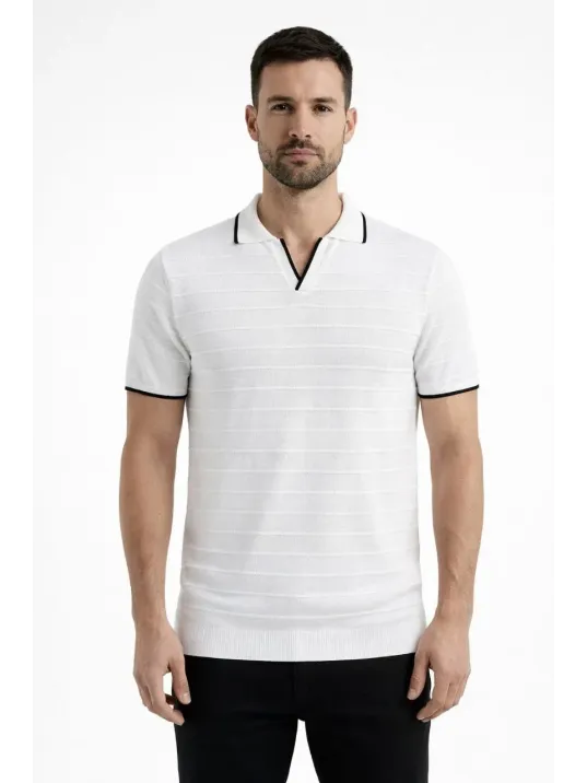 Erkek Triko Kumaş Yakalı Düğmesiz Açık Yaka Fitilli Kısa Kollu Regular Fit Tişört T-shirt - Beyaz