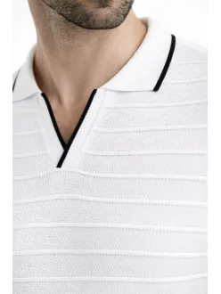 Erkek Triko Kumaş Yakalı Düğmesiz Açık Yaka Fitilli Kısa Kollu Regular Fit Tişört T-shirt - Beyaz