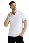 Erkek Triko Kumaş Yakalı Düğmesiz Açık Yaka Fitilli Kısa Kollu Regular Fit Tişört T-shirt - Beyaz