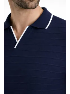 Erkek Triko Kumaş Yakalı Düğmesiz Açık Yaka Fitilli Kısa Kollu Regular Fit Tişört T-shirt - Lacivert