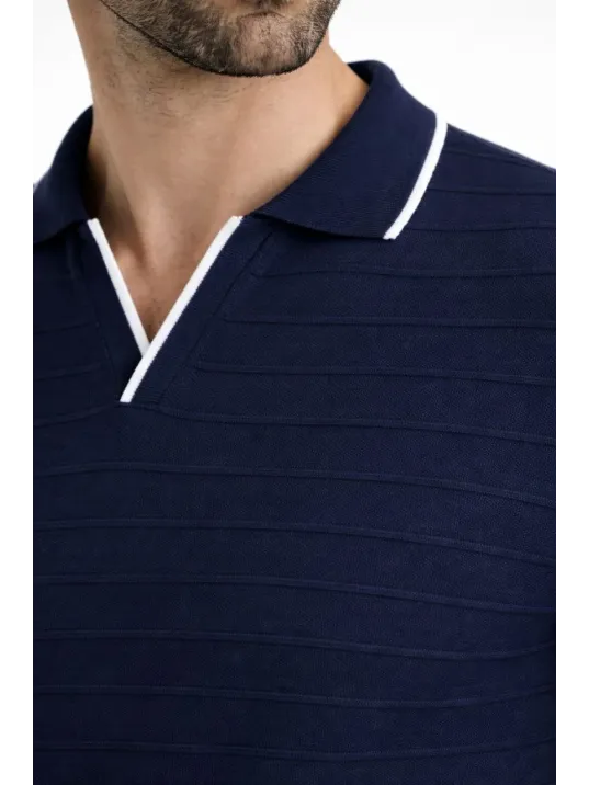 Erkek Triko Kumaş Yakalı Düğmesiz Açık Yaka Fitilli Kısa Kollu Regular Fit Tişört T-shirt - Lacivert