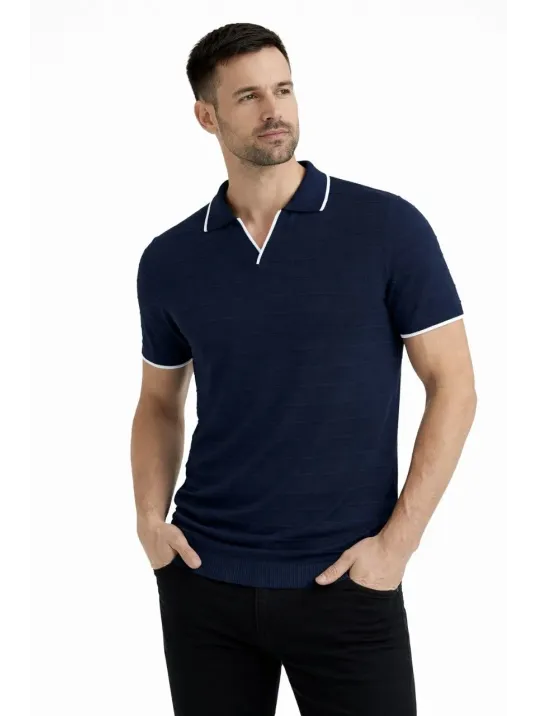 Erkek Triko Kumaş Yakalı Düğmesiz Açık Yaka Fitilli Kısa Kollu Regular Fit Tişört T-shirt - Lacivert