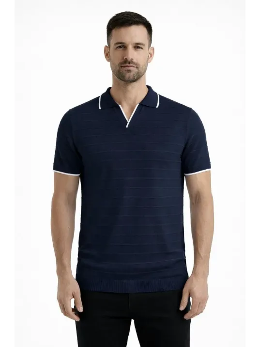 Erkek Triko Kumaş Yakalı Düğmesiz Açık Yaka Fitilli Kısa Kollu Regular Fit Tişört T-shirt - Lacivert