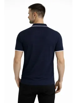 Erkek Triko Kumaş Yakalı Düğmesiz Açık Yaka Fitilli Kısa Kollu Regular Fit Tişört T-shirt - Lacivert