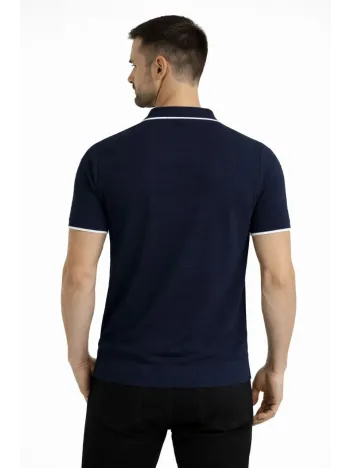 Erkek Triko Kumaş Yakalı Düğmesiz Açık Yaka Fitilli Kısa Kollu Regular Fit Tişört T-shirt - Lacivert