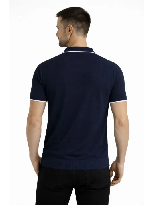 Erkek Triko Kumaş Yakalı Düğmesiz Açık Yaka Fitilli Kısa Kollu Regular Fit Tişört T-shirt - Lacivert