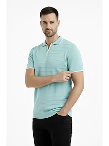 Erkek Triko Kumaş Yakalı Düğmesiz Açık Yaka Fitilli Kısa Kollu Regular Fit Tişört T-shirt - Mint Yeşili