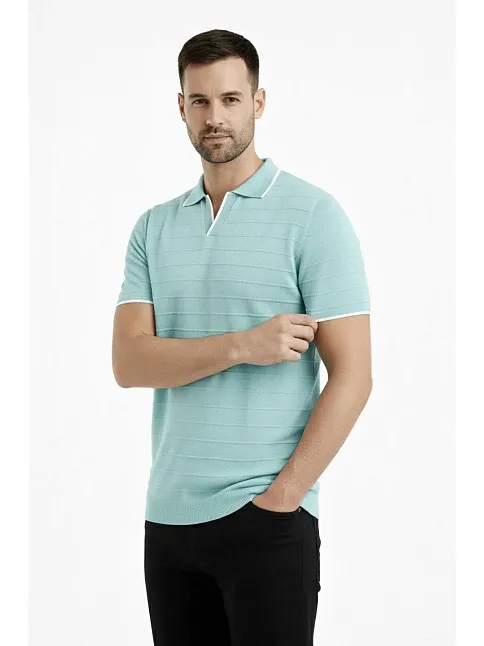 Erkek Triko Kumaş Yakalı Düğmesiz Açık Yaka Fitilli Kısa Kollu Regular Fit Tişört T-shirt - Mint Yeşili
