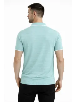Erkek Triko Kumaş Yakalı Düğmesiz Açık Yaka Fitilli Kısa Kollu Regular Fit Tişört T-shirt - Mint Yeşili