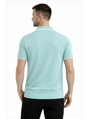 Erkek Triko Kumaş Yakalı Düğmesiz Açık Yaka Fitilli Kısa Kollu Regular Fit Tişört T-shirt - Mint Yeşili