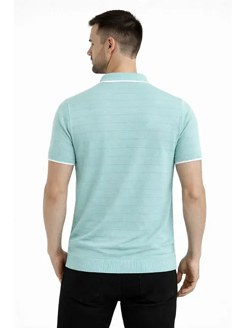 Erkek Triko Kumaş Yakalı Düğmesiz Açık Yaka Fitilli Kısa Kollu Regular Fit Tişört T-shirt - Mint Yeşili