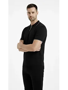 Erkek Triko Kumaş Yakalı Düğmesiz Açık Yaka Fitilli Kısa Kollu Regular Fit Tişört T-shirt - Siyah