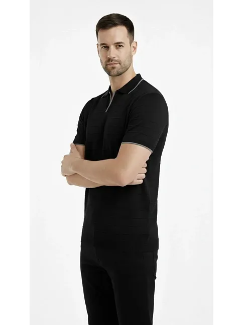 Erkek Triko Kumaş Yakalı Düğmesiz Açık Yaka Fitilli Kısa Kollu Regular Fit Tişört T-shirt - Siyah