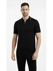 Erkek Triko Kumaş Yakalı Düğmesiz Açık Yaka Fitilli Kısa Kollu Regular Fit Tişört T-shirt - Siyah