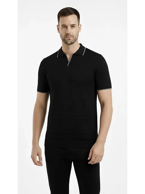 Erkek Triko Kumaş Yakalı Düğmesiz Açık Yaka Fitilli Kısa Kollu Regular Fit Tişört T-shirt - Siyah