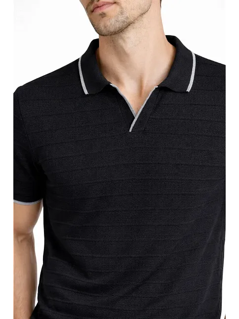 Erkek Triko Kumaş Yakalı Düğmesiz Açık Yaka Fitilli Kısa Kollu Regular Fit Tişört T-shirt - Siyah