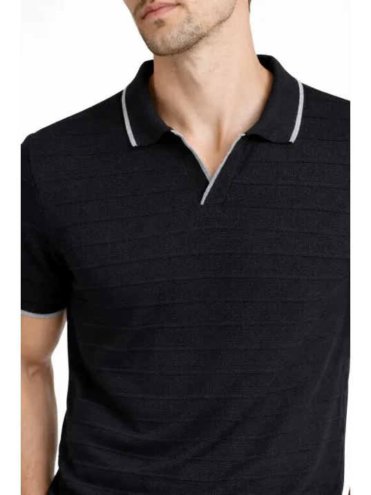 Erkek Triko Kumaş Yakalı Düğmesiz Açık Yaka Fitilli Kısa Kollu Regular Fit Tişört T-shirt - Siyah