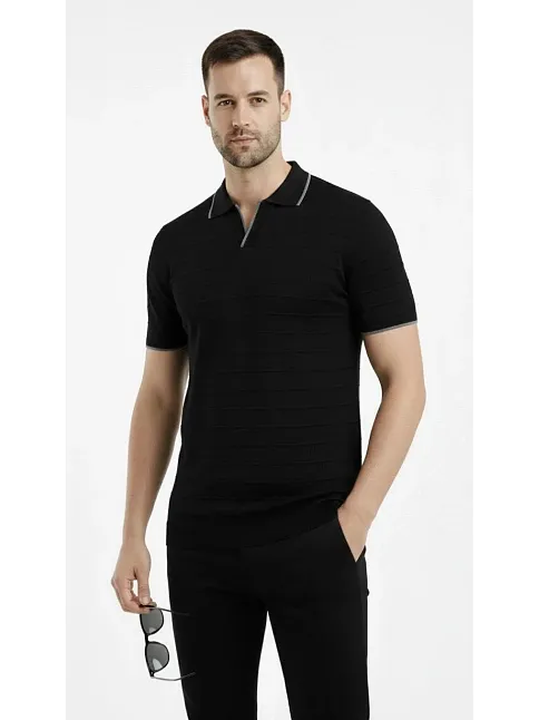 Erkek Triko Kumaş Yakalı Düğmesiz Açık Yaka Fitilli Kısa Kollu Regular Fit Tişört T-shirt - Siyah