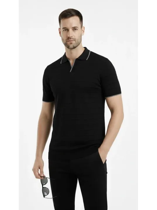 Erkek Triko Kumaş Yakalı Düğmesiz Açık Yaka Fitilli Kısa Kollu Regular Fit Tişört T-shirt - Siyah