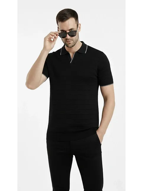 Erkek Triko Kumaş Yakalı Düğmesiz Açık Yaka Fitilli Kısa Kollu Regular Fit Tişört T-shirt - Siyah