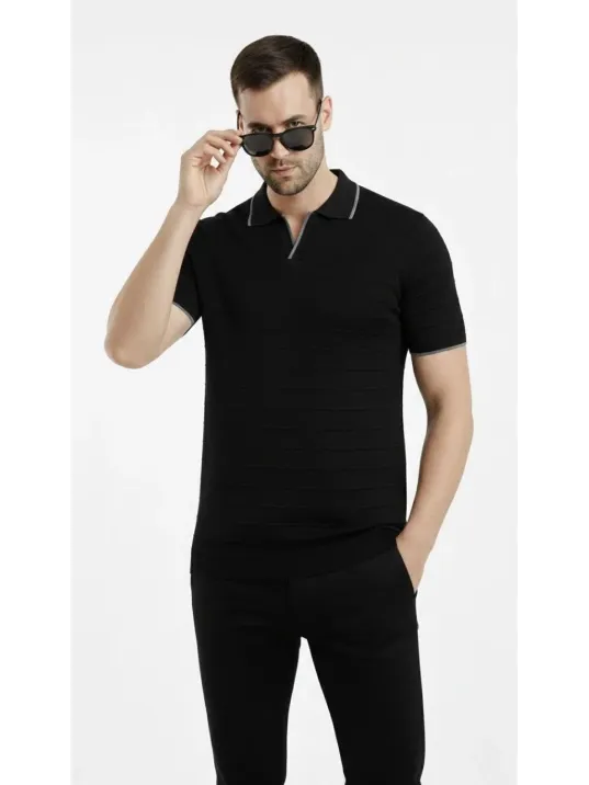 Erkek Triko Kumaş Yakalı Düğmesiz Açık Yaka Fitilli Kısa Kollu Regular Fit Tişört T-shirt - Siyah