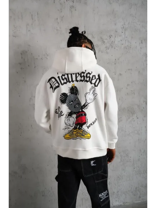 Erkek Üç İplik Baskılı Kapüşonlu Sweat - Beyaz