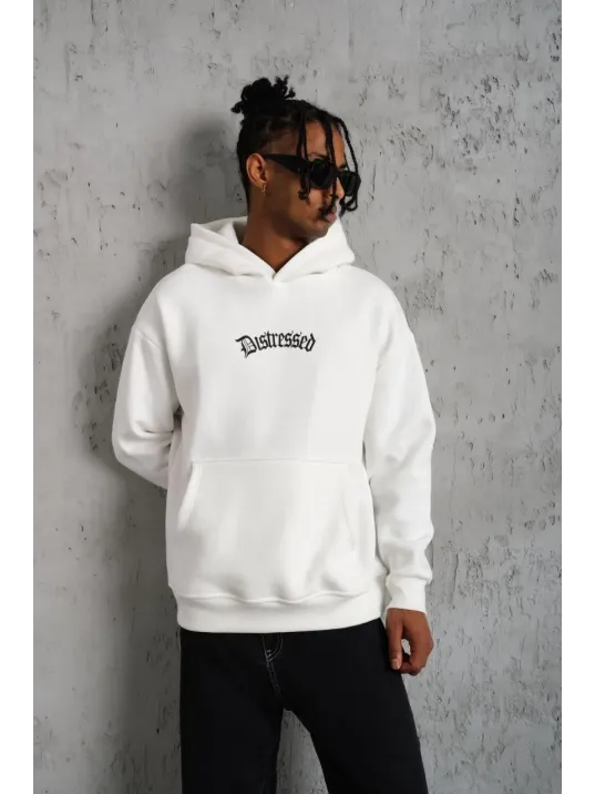 Erkek Üç İplik Baskılı Kapüşonlu Sweat - Beyaz
