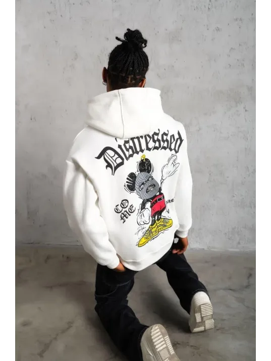 Erkek Üç İplik Baskılı Kapüşonlu Sweat - Beyaz