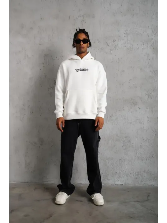 Erkek Üç İplik Baskılı Kapüşonlu Sweat - Beyaz