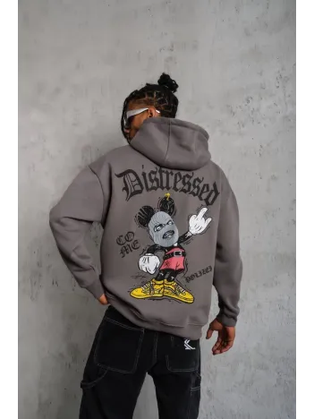 Erkek Üç İplik Baskılı Kapüşonlu Sweat - Gri