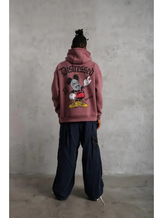 Erkek Üç İplik Baskılı Kapüşonlu Sweat - Gül Kurusu