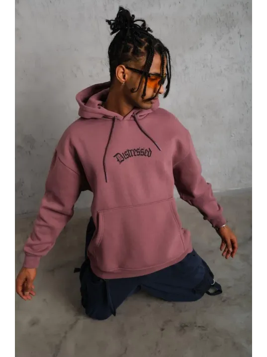 Erkek Üç İplik Baskılı Kapüşonlu Sweat - Gül Kurusu