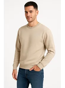 Erkek Üç İplik Düz Bisiklet Yaka Sweatshirt - Bej