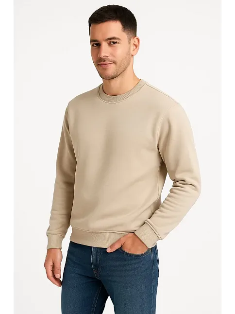 Erkek Üç İplik Düz Bisiklet Yaka Sweatshirt - Bej