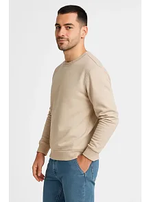Erkek Üç İplik Düz Bisiklet Yaka Sweatshirt - Bej