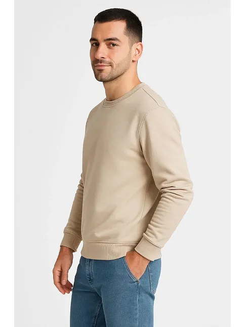 Erkek Üç İplik Düz Bisiklet Yaka Sweatshirt - Bej