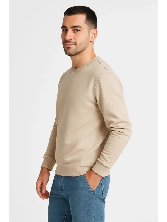 Erkek Üç İplik Düz Bisiklet Yaka SweatShirt - Bej