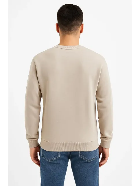 Erkek Üç İplik Düz Bisiklet Yaka Sweatshirt - Bej