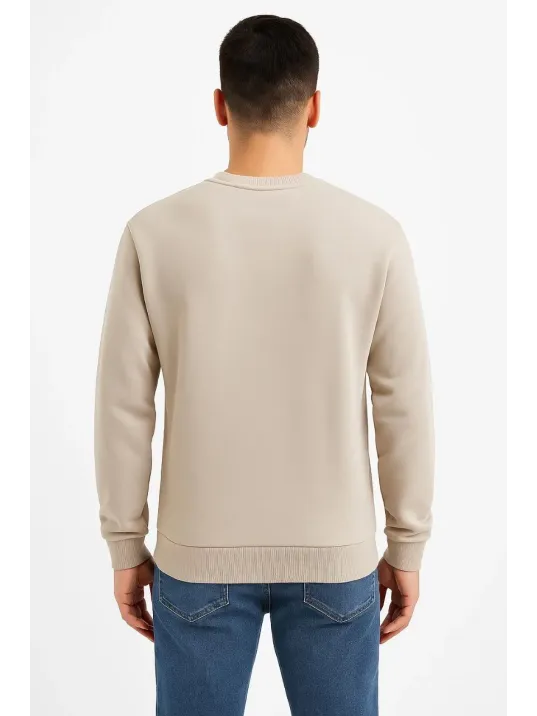 Erkek Üç İplik Düz Bisiklet Yaka SweatShirt - Bej