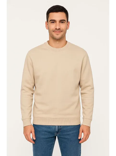 Erkek Üç İplik Düz Bisiklet Yaka Sweatshirt - Bej