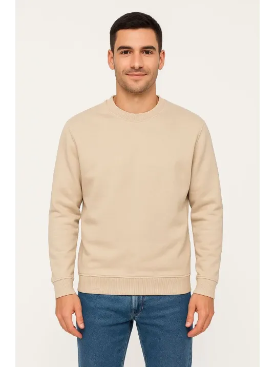 Erkek Üç İplik Düz Bisiklet Yaka SweatShirt - Bej
