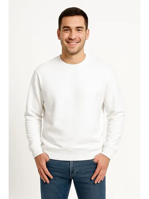 Erkek Üç İplik Düz Bisiklet Yaka Sweatshirt - Beyaz