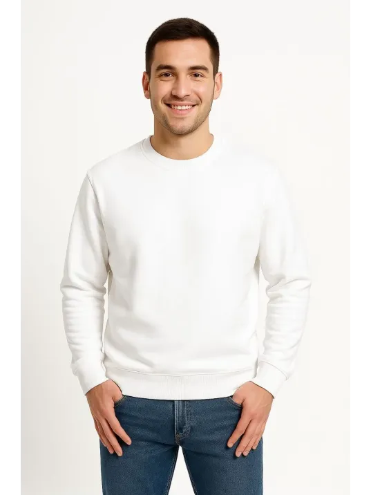 Erkek Üç İplik Düz Bisiklet Yaka SweatShirt - Beyaz