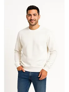 Erkek Üç İplik Düz Bisiklet Yaka Sweatshirt - Beyaz