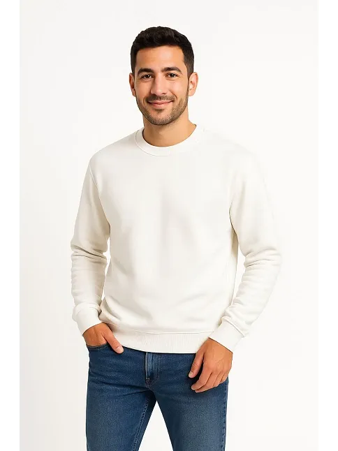 Erkek Üç İplik Düz Bisiklet Yaka Sweatshirt - Beyaz