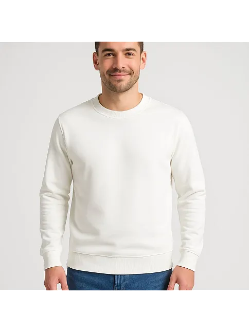 Erkek Üç İplik Düz Bisiklet Yaka Sweatshirt - Beyaz