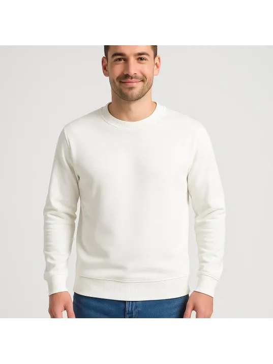 Erkek Üç İplik Düz Bisiklet Yaka SweatShirt - Beyaz