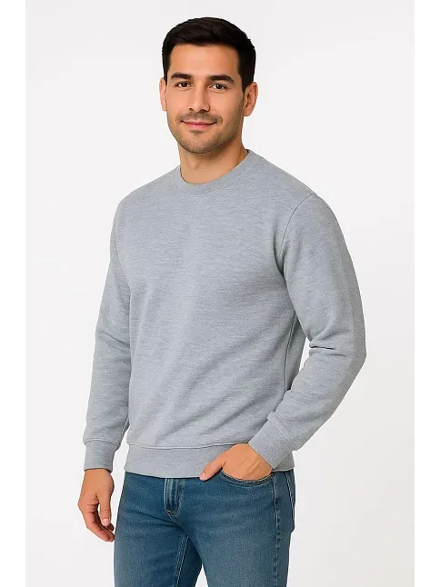 Erkek Üç İplik Düz Bisiklet Yaka Sweatshirt - Gri