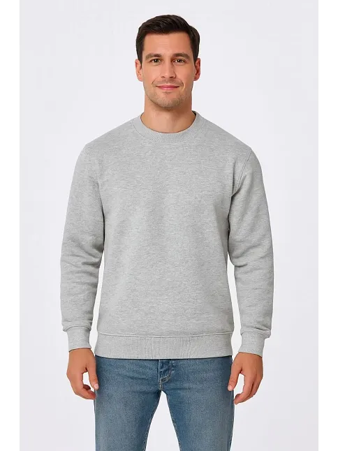 Erkek Üç İplik Düz Bisiklet Yaka Sweatshirt - Gri