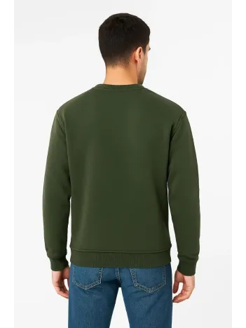 Erkek Üç İplik Düz Bisiklet Yaka Sweatshirt - Haki